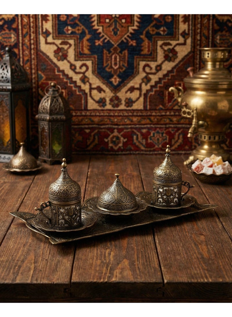 Acar Turkish, Greek, and Arabic Coffee Serving Set for Two – Includes 2 Porcelain Cups, Rectangular Tray, Cup Holders, Lids, Saucers, Sugar Bowl with Lid of zamak – Elegant Bronze Design, Crafted in Türkiye - Image 1